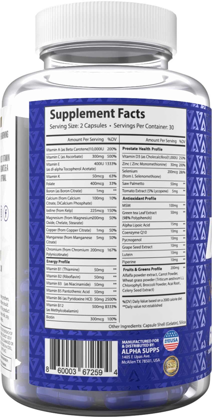 Close-up of prostate support ingredients in Alpha Supps Vites for men