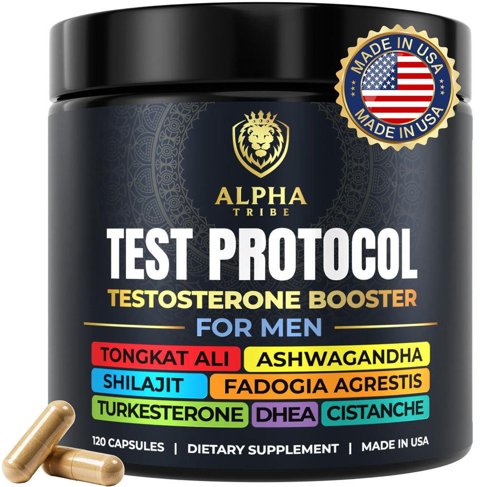 Alpha Tribe Test Protocol bottle front boosts daily vitality potential.
