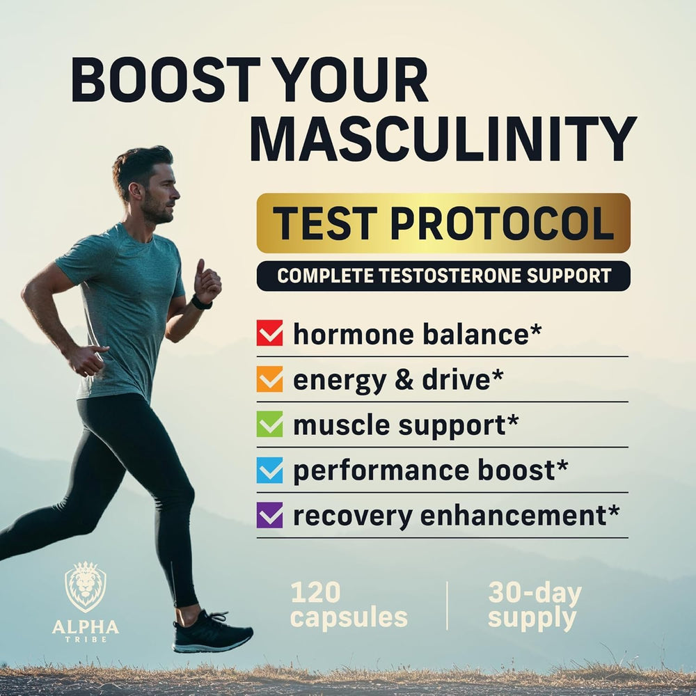 Alpha Tribe Test Protocol capsules close-up illustrate convenient daily performance support.