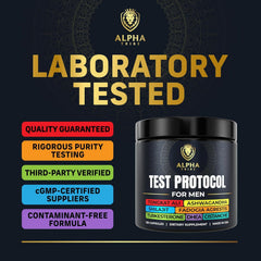 Alpha Tribe Test Protocol quality seal signals trusted formulation.