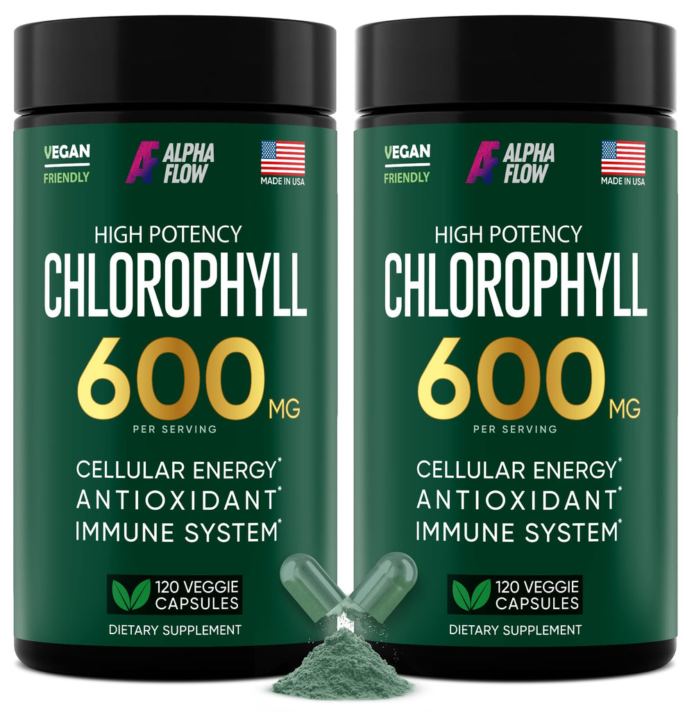 Alpha Flow chlorophyll capsules 600mg bottle highlighting a convenient energy and skin support option.