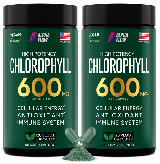 Alpha Flow chlorophyll capsules 600mg bottle highlighting a convenient energy and skin support option.