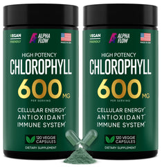 Alpha Flow chlorophyll capsules 600mg bottle highlighting a convenient energy and skin support option.