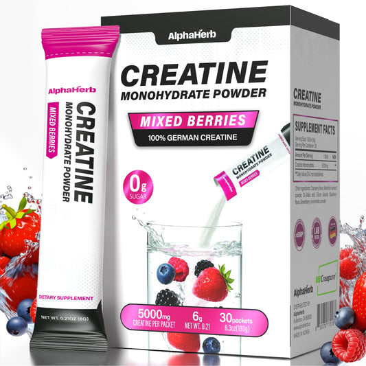 AlphaHerb creatine monohydrate stick with mixed berry flavor for on-the-go energy