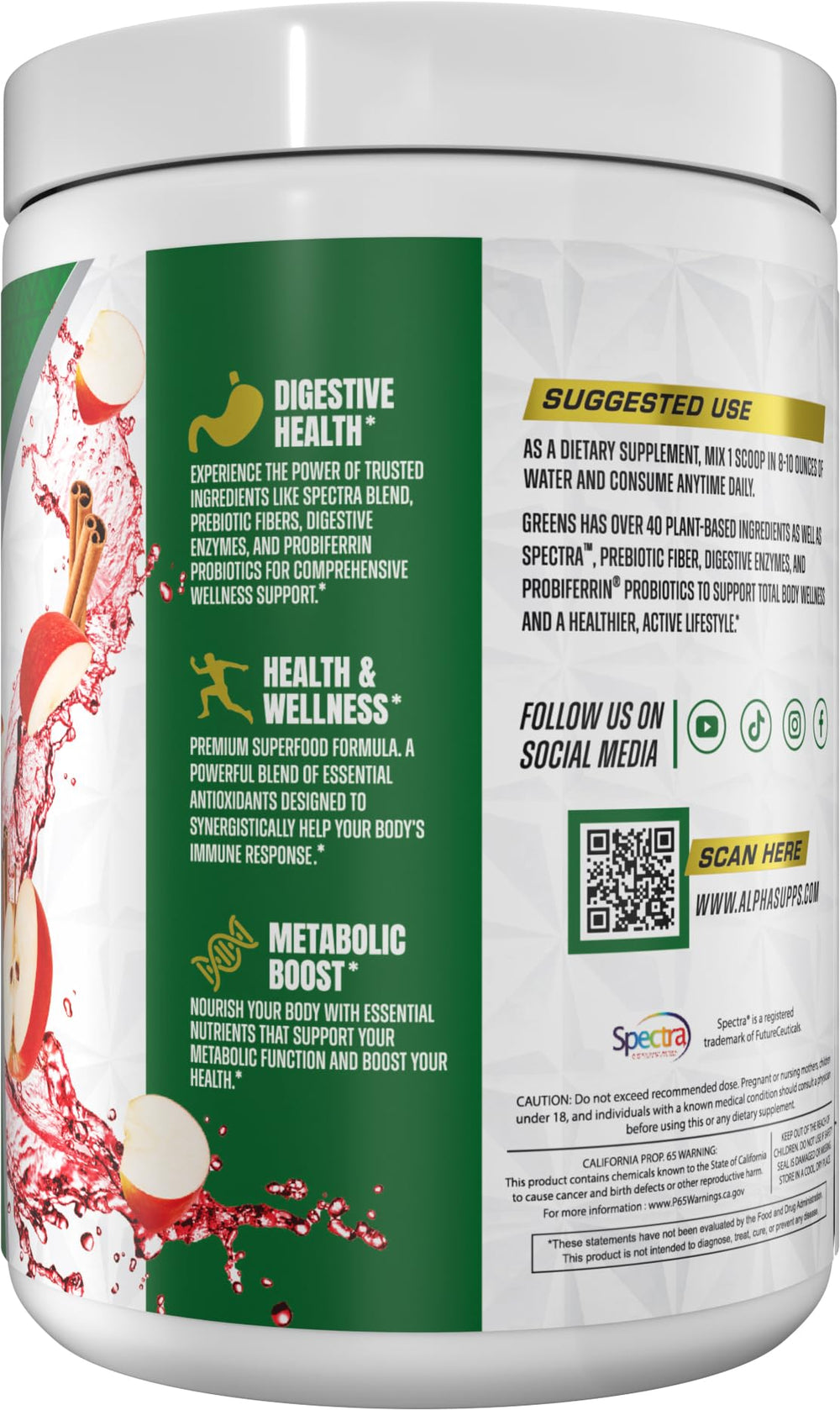 Alpha Greens antioxidant blend highlights immune support potential.