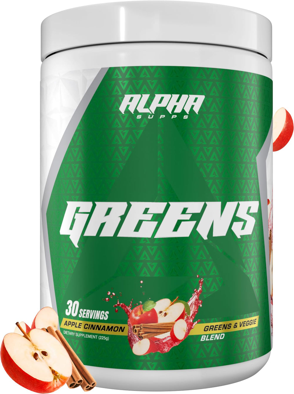 Alpha Supps Alpha Greens bottle Apple Cinnamon for easy daily greens and lifestyle support.