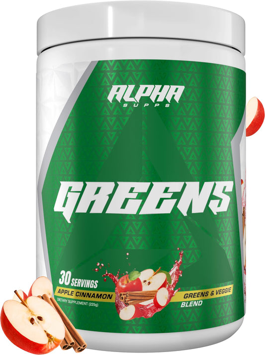 Alpha Supps Alpha Greens bottle Apple Cinnamon for easy daily greens and lifestyle support.