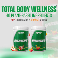 Alpha Supps Alpha Greens ingredient chart reveals 40+ ingredients for diverse nutrition.