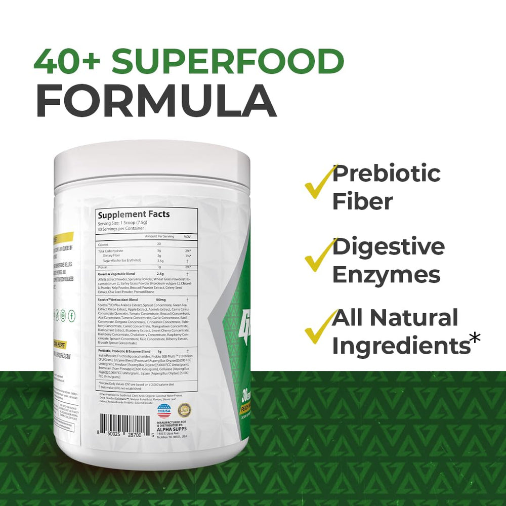Alpha Supps Alpha Greens Probiferrin probiotics image communicates digestive balance.