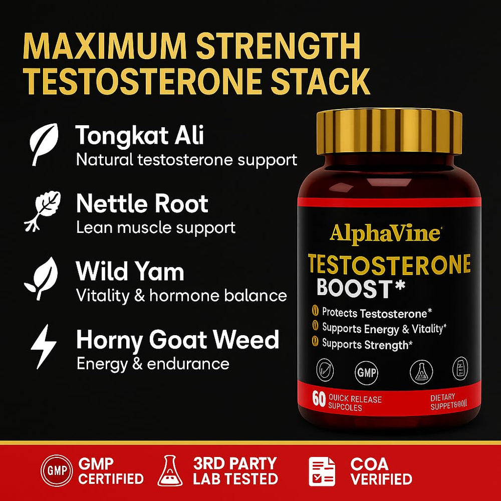 Tongkat Ali herbal extract visible in ALPHAVINE packaging.