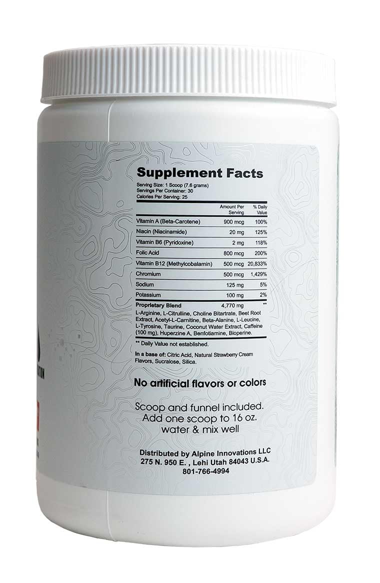 Alpine Innovations Body Fuel bottle back nutrition panel highlights jitters-free energy.