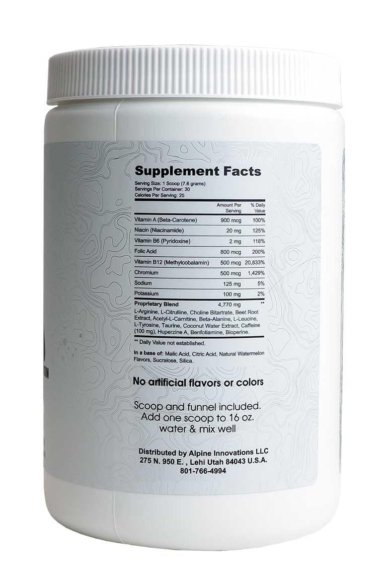 Alpine Innovations Body Fuel Watermelon serving image showing easy mixing and quick focus.