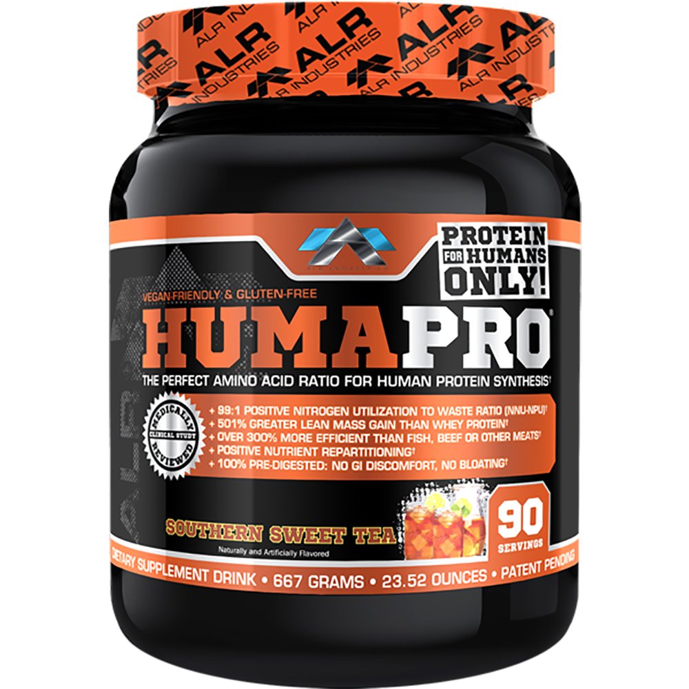 ALR Industries Humapro bottle label highlights efficient amino acids for lean muscle support.