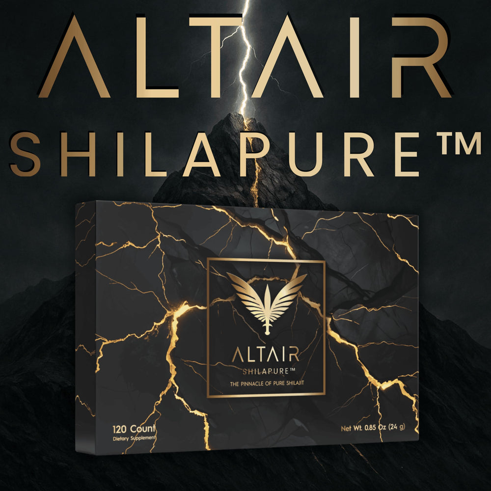 Altair Shilapure tablets beside mineral icons highlight mineral richness.