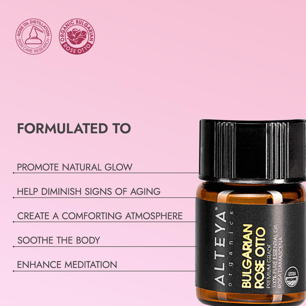 Alteya Organics Rose Essential Oil dropper and bottle, ready for blends.