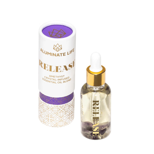 Aluminate Life amethyst crystal infused vial for calming aromatherapy.