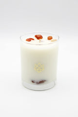 Aluminate Life red carnelian crystal-infused candle for focus and motivation.