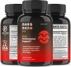 AMACARE Mars Men Plus bottle with capsules beside a glass of water.