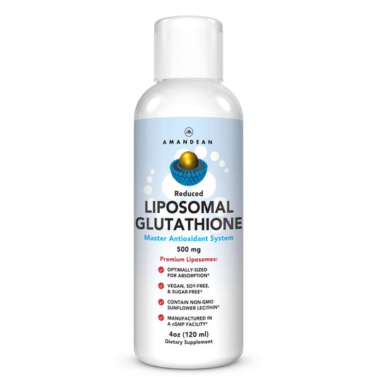 AMANDEAN liposomal glutathione bottle promoting cellular health and antioxidant activity.