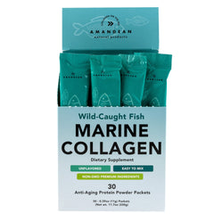 AMandean Marine Collagen Packets box shows convenient single-serve travel-friendly protein.