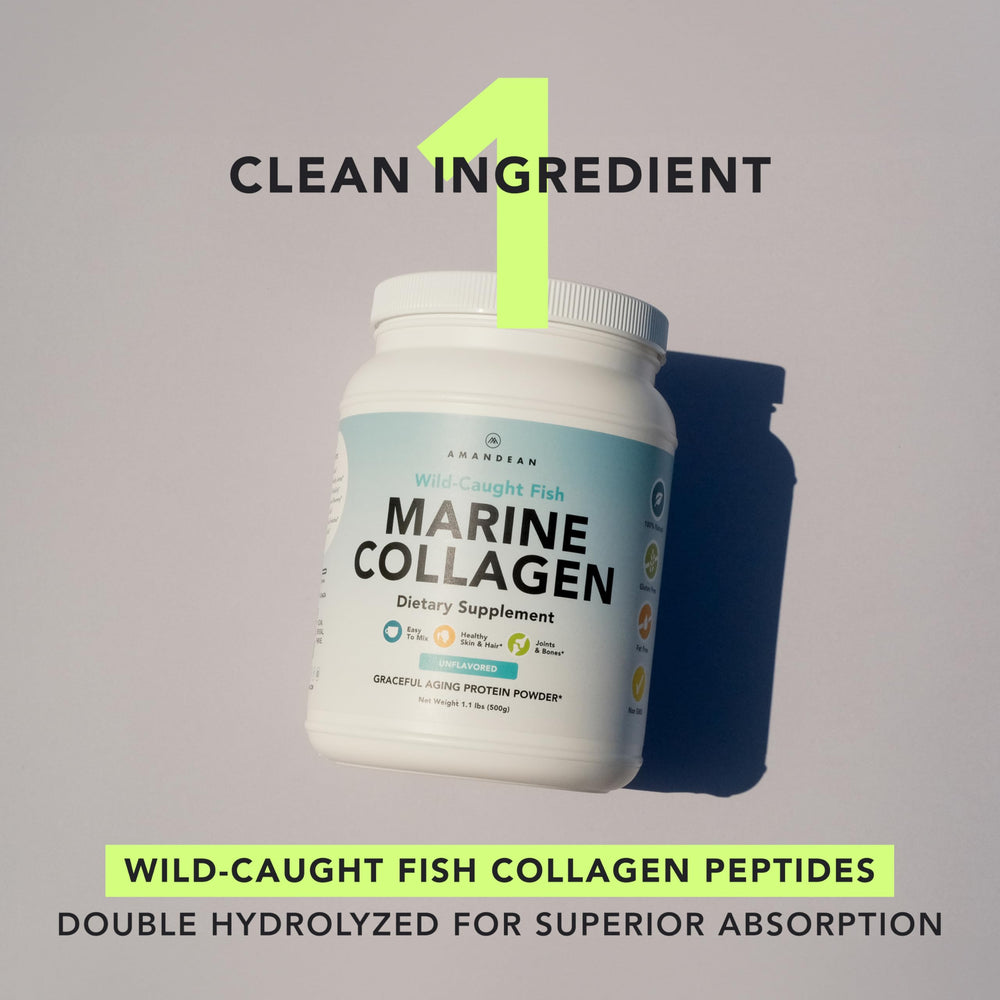 AMANDEAN marine collagen close-up shows a powdery texture and premium packaging