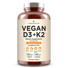 AMANDEAN vegan d3-k2 algal softgels illustrate a plant-based formula supporting bone health and immune resilience