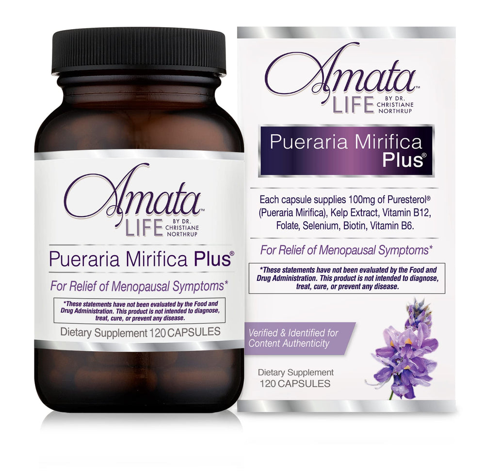 Amata Life Pueraria Mirifica Plus capsules bottle, easy daily capsules supporting menopause wellness.