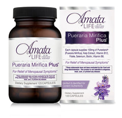 Amata Life Pueraria Mirifica Plus capsules bottle, easy daily capsules supporting menopause wellness.