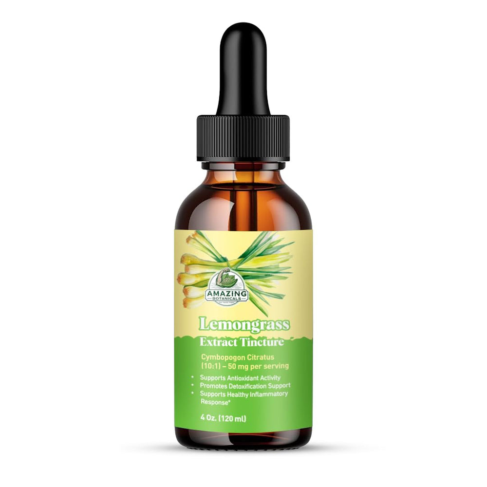 Amazing Botanicals Lemongrass tincture bottle supports daily wellness and citrus aroma.