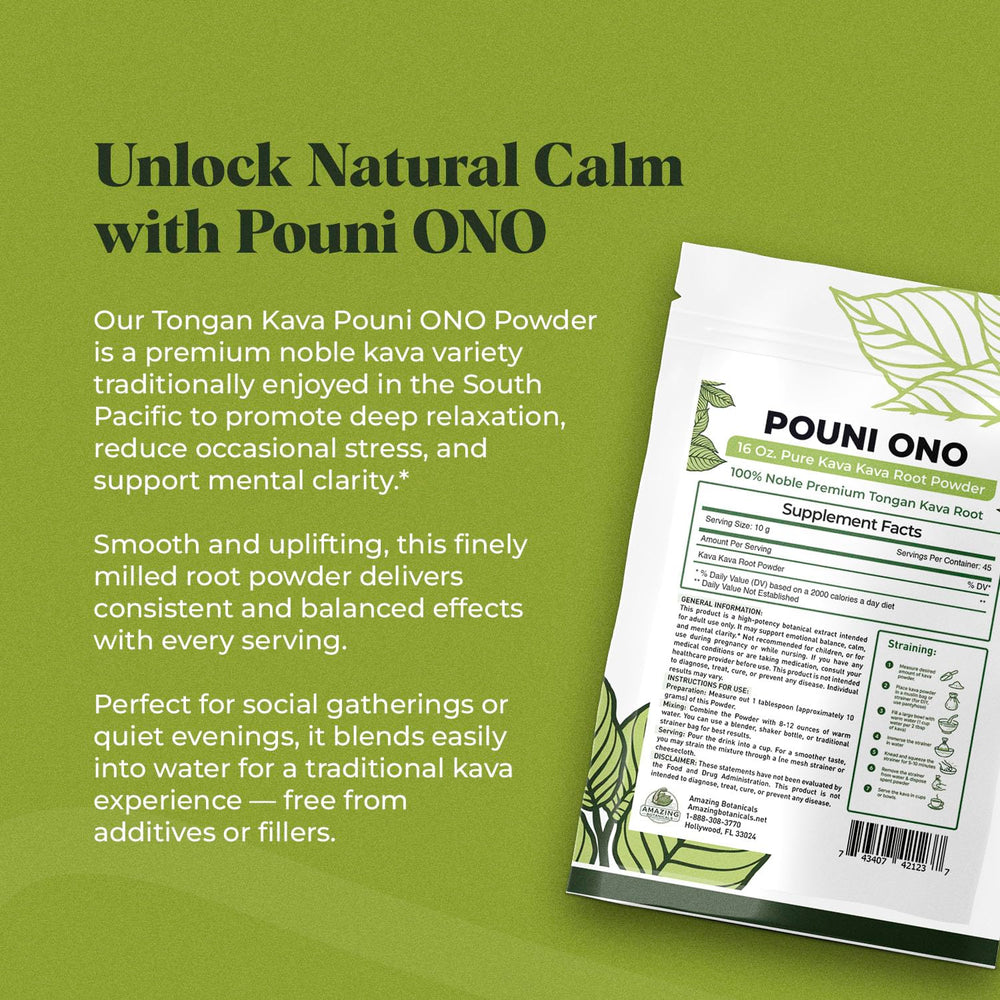 Amazing Botanicals Pouni Ono Kava Powder 16oz bag supports calm evenings and mindful conversations