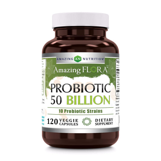 Amazing Flora probiotic bottle pour with veggie capsules promoting daily wellness