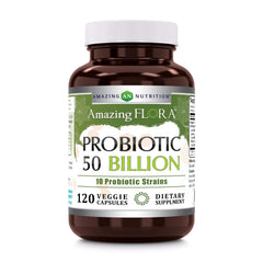 Amazing Flora probiotic bottle pour with veggie capsules promoting daily wellness