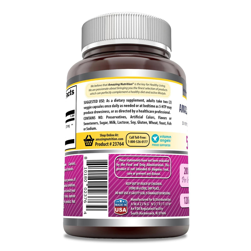 Amazing Formulas 5-HTP bottle packaging USA, GMP manufacturing badge in view