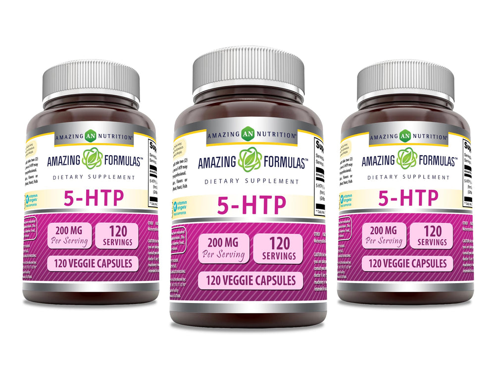 Amazing Formulas 5-HTP capsules closeup, vegan and non-GMO, for daily wellness routines