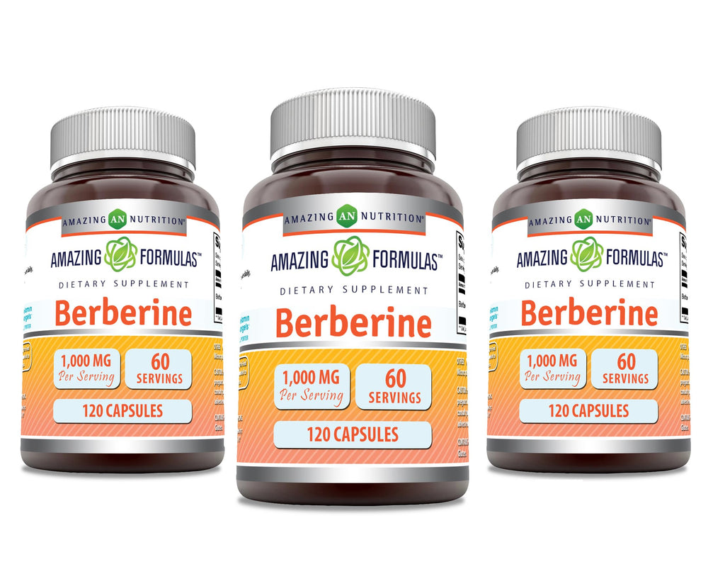 Amazing Formulas Berberine bottle shows 120 capsules; third-party tested and gluten-free.