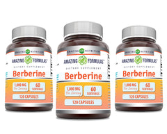 Amazing Formulas Berberine bottle shows 120 capsules; third-party tested and gluten-free.