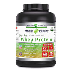 Amazing Formulas Grass Fed Whey Protein Strawberry bottle highlighting high-protein serving.