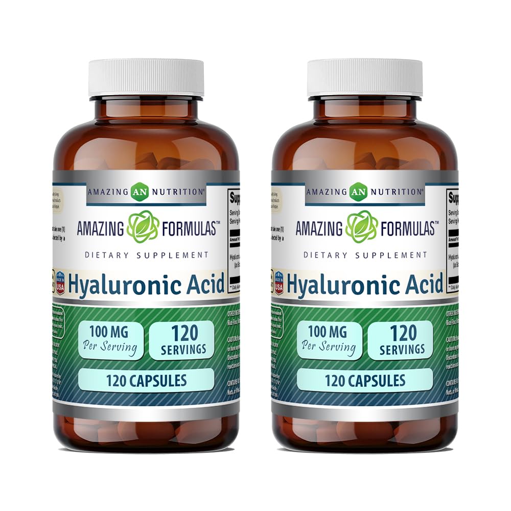 Amazing Nutrition hyaluronic acid 100 mg capsules for daily hydration support.