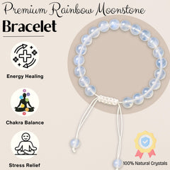 Amazing Gemstone Rainbow Moonstone bracelet 8mm beads highlighting natural gemstone quality.