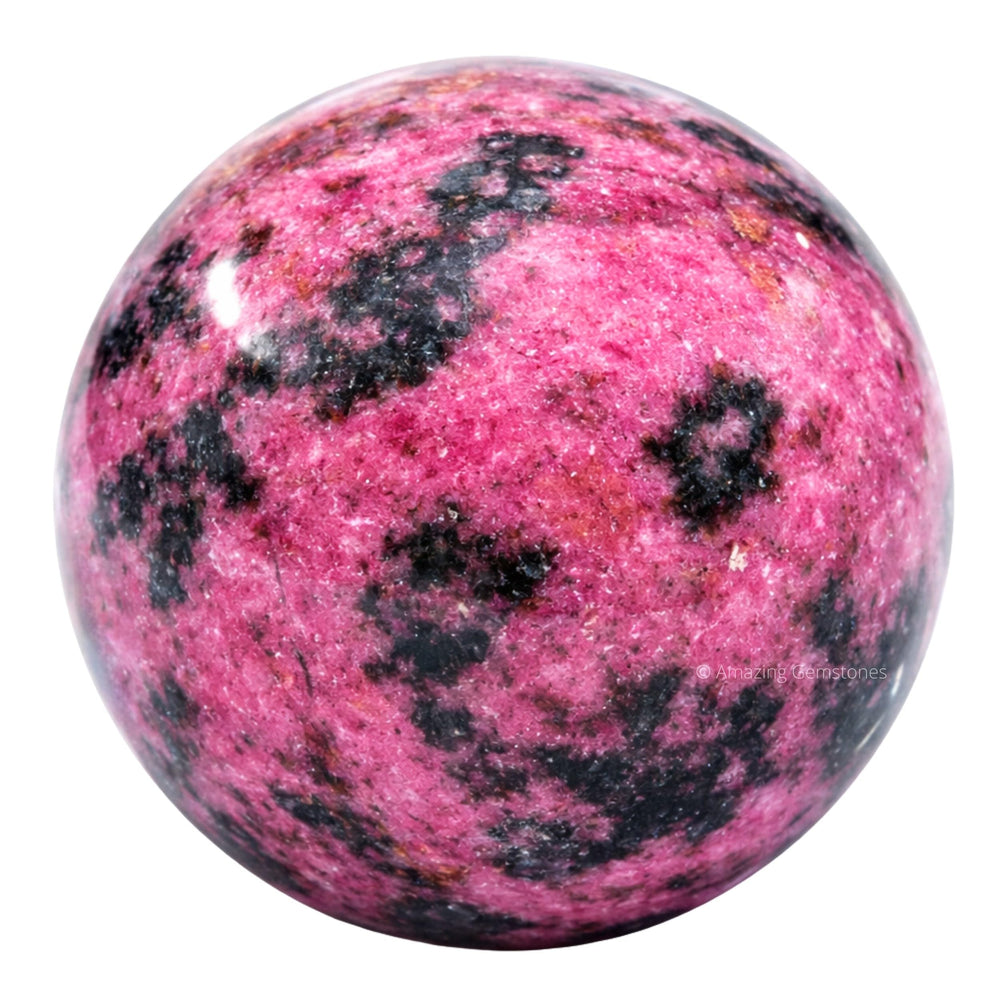 Amazing Gemstone rhodonite crystal ball close-up showing pink veining