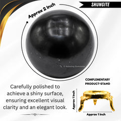 Shungite ball on brass stand angled for elegant display.
