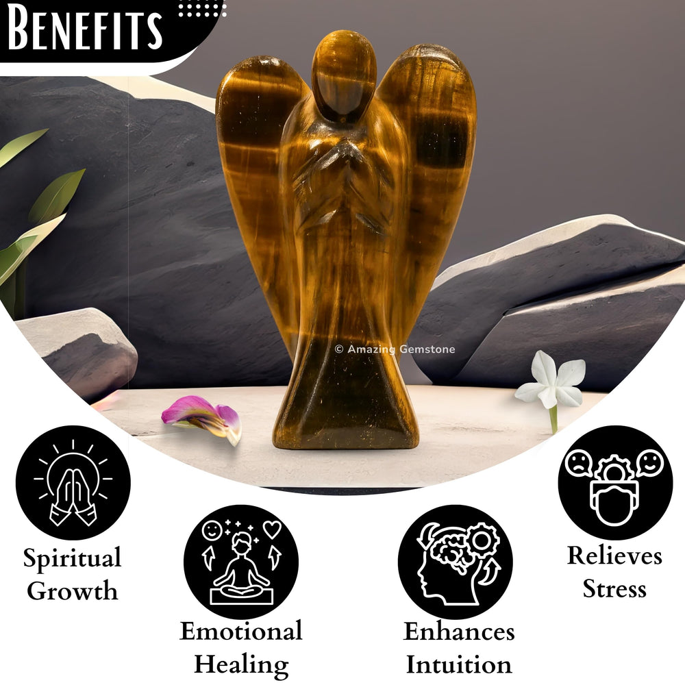 Amazing Gemstone Tiger Eye Angel stands four inches tall for desk placement.