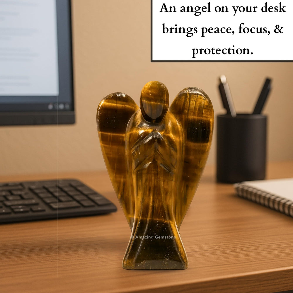 Amazing Gemstone Tiger Eye Angel on a desk promotes calm focus.