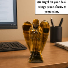 Amazing Gemstone Tiger Eye Angel on a desk promotes calm focus.