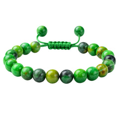 Amazing Gemstone Variscite bracelet close-up of 8mm beads, highlighting natural color and texture for grounding appeal.