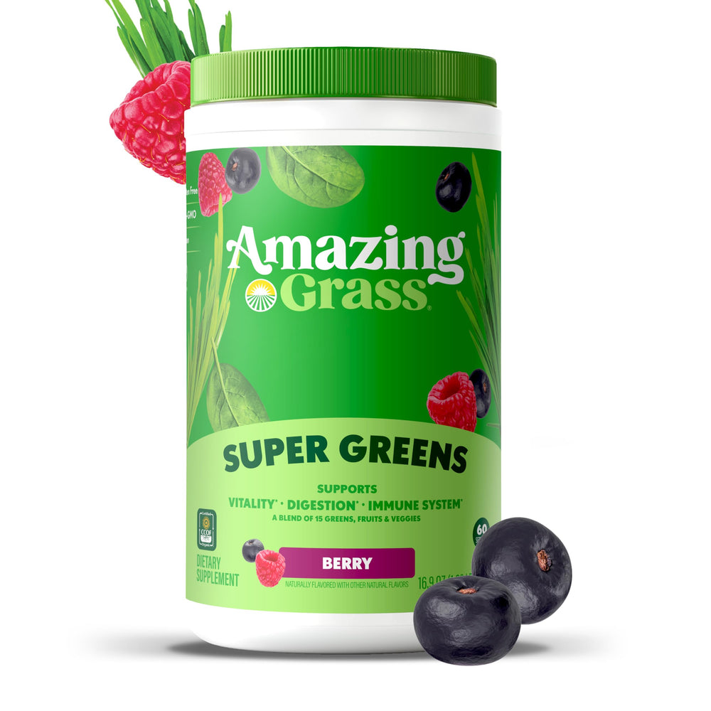 Amazing Grass berry-flavored powder scoop for quick, nutritious shakes.