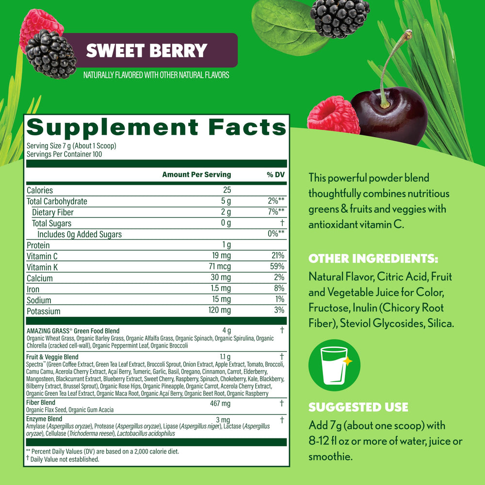 Amazing Grass elderberry antioxidant blend, rich berry notes and immune-supporting wellness potential.