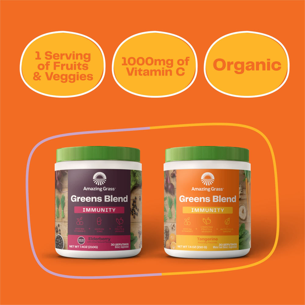 Amazing Grass Green Superfood Immunity label shows organic, Non-GMO and sugar-free claims.