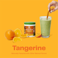 Amazing Grass Green Superfood Immunity powder close-up emphasizes tangy flavor.