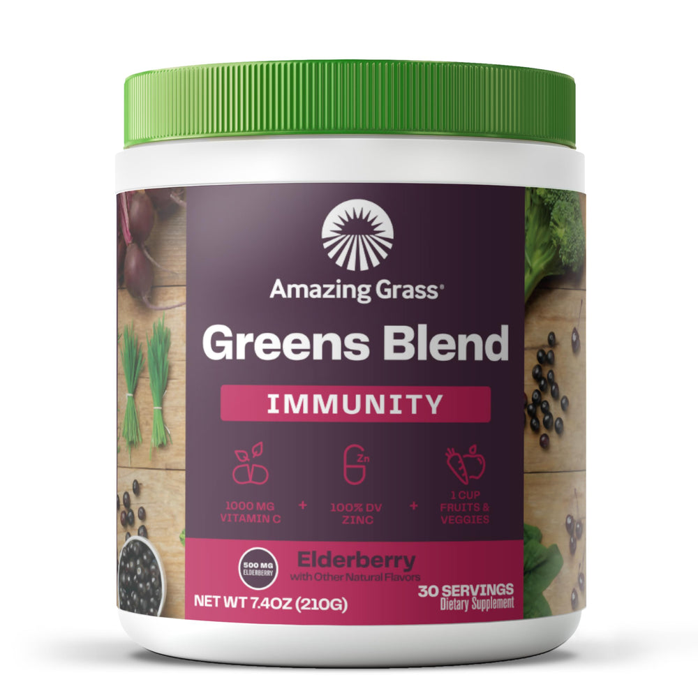 Amazing Grass Greens Blend bottle front showcases a wholesome greens boost for daily wellness.